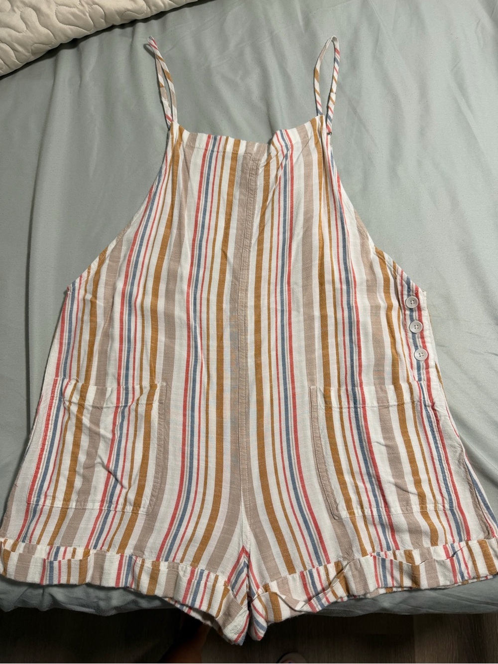 Volcom Striped Sleeveless Cotton Romper in White, Tan, Red & Blue